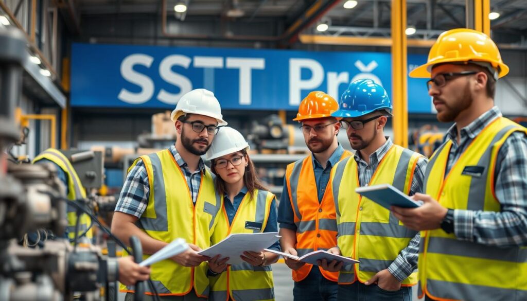 A team of safety engineers diligently performing a risk assessment in an industrial setting. The foreground features engineers wearing PPE such as hard hats, safety glasses, and high-visibility vests, analyzing equipment and taking notes. The middle ground showcases various industrial machinery and work areas, with attention to detail and technical precision. The background subtly incorporates the "SST Pró" brand, conveying a sense of professionalism and authority in workplace safety. The overall scene emanates a mood of structured vigilance, with careful attention to potential hazards and a commitment to upholding the principles of occupational safety.