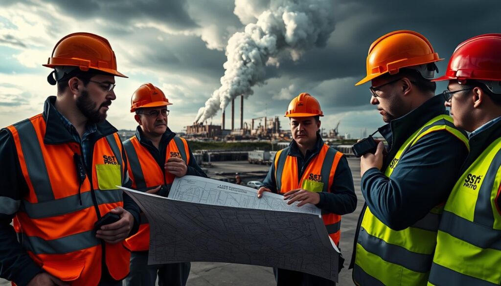 An emergency management scene featuring a team of safety engineers in high-visibility vests and hard hats, gathered around a detailed map, coordinating a response. The foreground shows the SST Pró logo on their uniforms, with the engineers using handheld radios and gesturing purposefully. The middle ground depicts an industrial facility, with smoke billowing in the distance. The background showcases a dramatic, moody sky with ominous clouds, conveying a sense of urgency and the need for swift action. Utilize a wide-angle lens and dramatic lighting to capture the scale and gravity of the situation, emphasizing the crucial role of emergency management in maintaining workplace safety.